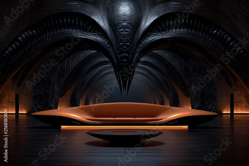 surreal futuristic living room with glowing orange hightech sofa, futuristic interior with biomechanical wall relief, cyberpunk living room with illuminated orange sofa