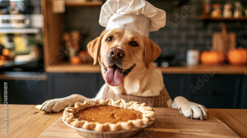 Cute dog in the kitchen with pumpkin pie in front of him