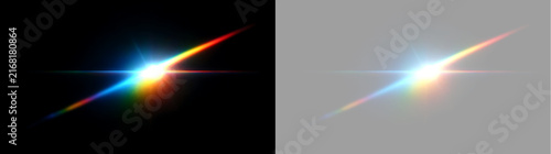 Rainbow lens flare effect on transparent background. Colorful anamorphic light streak and optical glow overlay