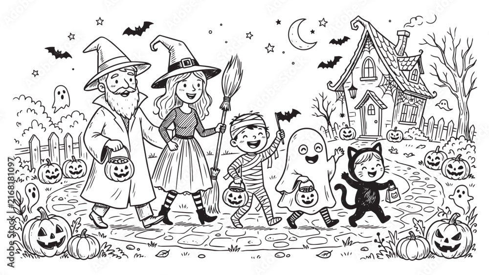 Fototapeta premium Family Trick or Treat Halloween Coloring Page Illustration