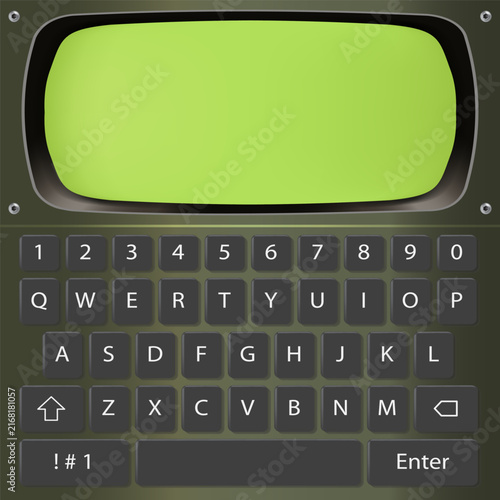 Retro military green terminal device with a blank green display screen and QWERTY keyboard interface. Vector UI design.