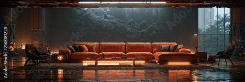 surreal futuristic living room with glowing orange hightech sofa, futuristic interior with biomechanical wall relief, cyberpunk living room with illuminated orange sofa