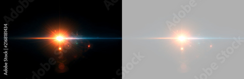 Cinematic optical lens flare with warm orange burst and horizontal streak. Bright anamorphic light flare overlay on transparent background
