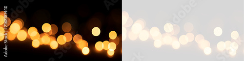 Golden bokeh lights overlay banner isolated on transparent background. Festive warm glow particle lights garland