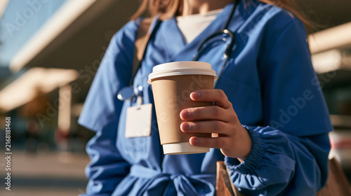 Female doctor or nurse holding a paper cup with coffee