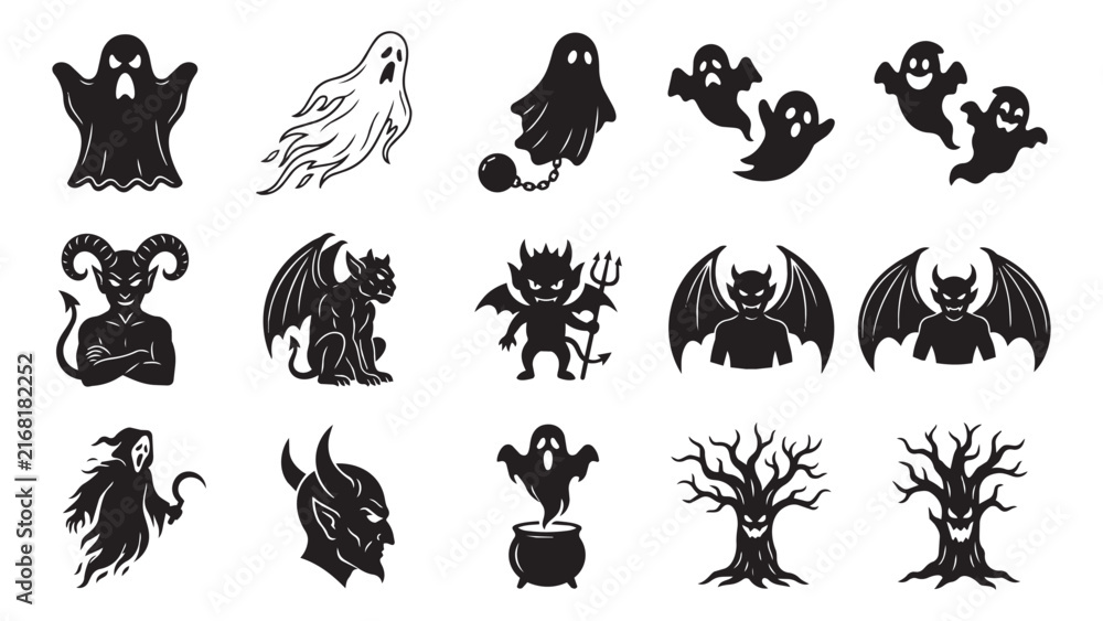 Fototapeta premium Halloween ghost and demon silhouette icons collection