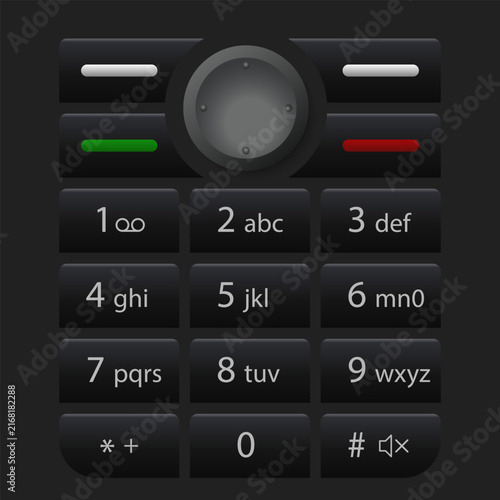 Black vintage mobile phone keypad interface with numeric buttons, navigation pad, and call keys. Vector UI mockup design.