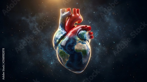 World heart day a striking 3d rendering of the planet earth shaped like a human heart, suspended in the dark cosmos