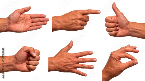 Quadro su tela Assortment of strong adult male hands with brown skin showing common communication gestures