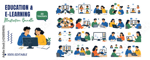 Diverse individuals learning online with computers and video calls during remote education sessions
