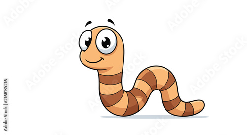Friendly cartoon earthworm with large eyes and a happy smile crawls across a white surface in a simple 2D style.