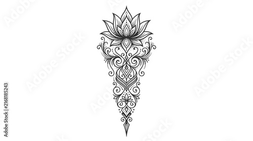 Ornate lotus flower tattoo design with mandala patterns on white background