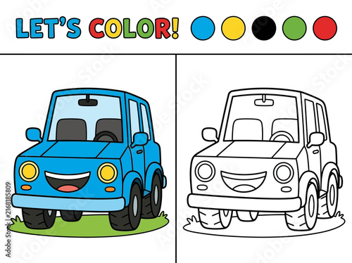 Educational coloring page for children featuring a cute cartoon car with a color guide for kids