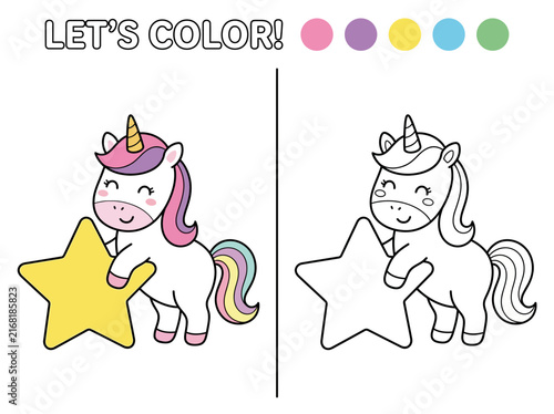 Educational coloring page for children featuring a cute unicorn holding a star with color guide examples