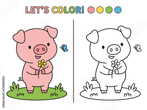 Cute cartoon pig coloring page for children with a colored example and a black and white outline