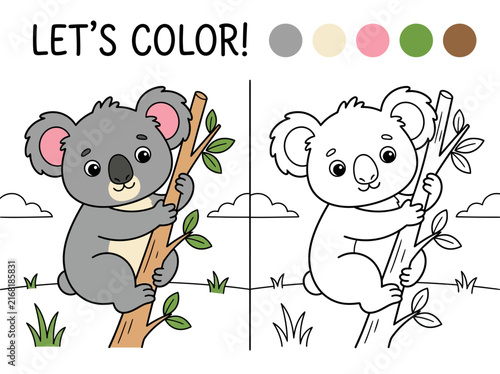 Educational coloring page for kids featuring a cute cartoon koala climbing on a tree branch