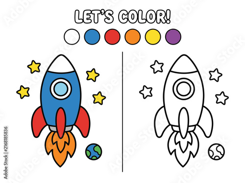 Educational coloring page for children featuring a space rocket ship with a color matching activity guide