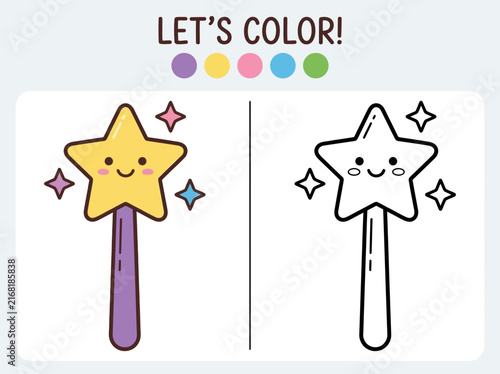 Cute star magic wand coloring page for kids with a colorful example and black and white outline