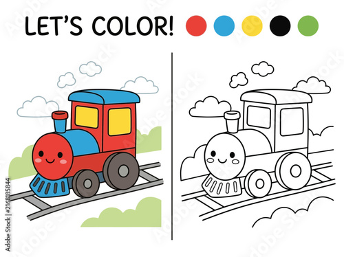Educational coloring page for kids featuring a cute cartoon steam train with a color reference guide
