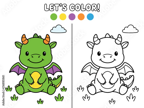 Educational coloring page for children featuring a cute little dragon with a color guide and outline
