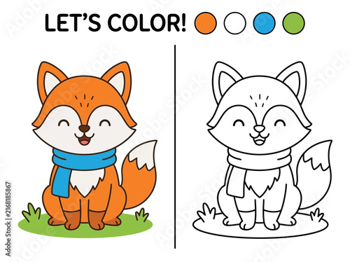 Educational coloring page for kids featuring a cute cartoon fox wearing a scarf with a color guide