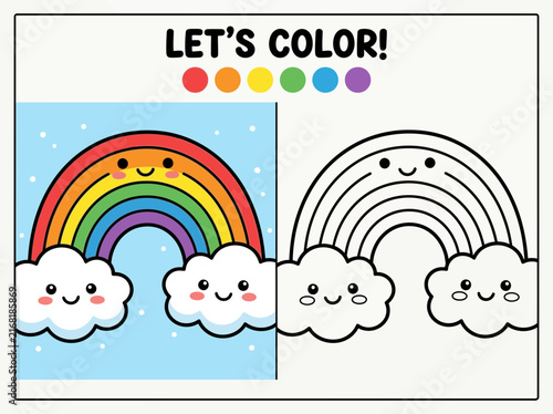 Educational coloring page for children featuring a cute cartoon rainbow and smiling clouds with color guide