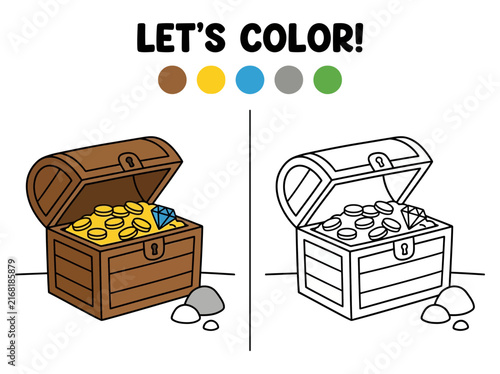 Educational coloring page for children featuring a treasure chest filled with gold coins and a blue diamond