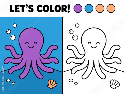 Educational coloring page for kids featuring a cute octopus character with bubbles and a seashell illustration