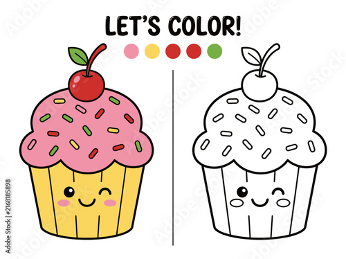Cute cupcake coloring page for kids with a colorful example and a black and white outline version
