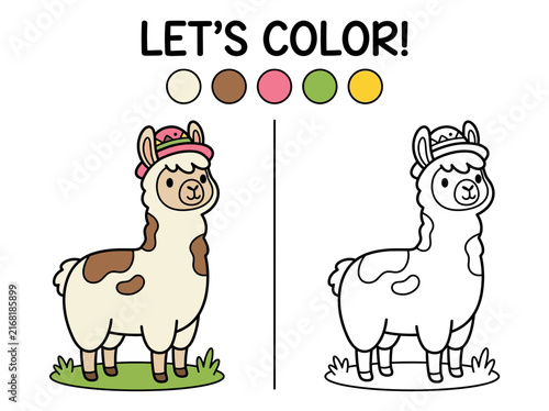 Educational coloring page for children featuring a cute cartoon llama with a colorful hat and color palette