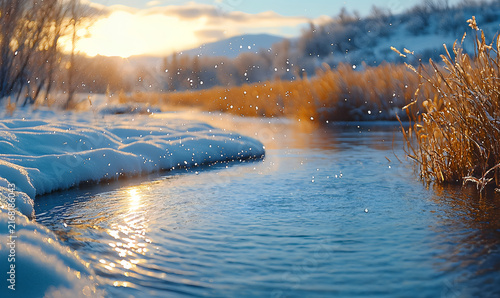 Golden sunset reflected on a winter river in snowy spruce forest