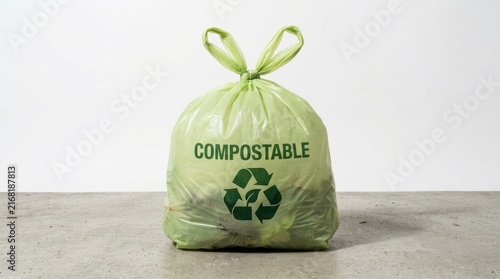 Compostable green plastic waste bag tied with a bow sitting on a grey concrete surface