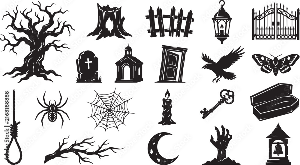Fototapeta premium Spooky Graveyard Halloween Elements and Gothic Horror Black Silhouette Vector Icon Set
