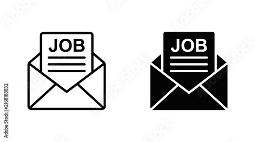 Minimalist vector graphic illustration featuring two stylized envelope icons with job documents inside for professional business communication and employment hiring concepts
