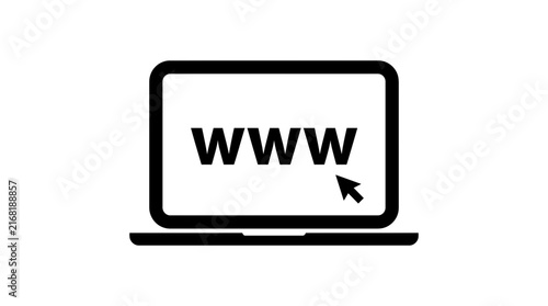 Minimalist vector graphic illustration featuring a black laptop computer screen displaying www text and a cursor for digital web browsing