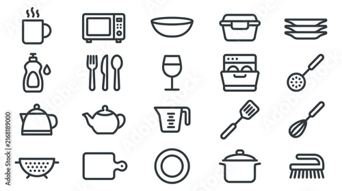Kitchenware vector illustration set containing various household appliances and cooking utensils rendered in a simple, clean, minimalist black outline stroke style