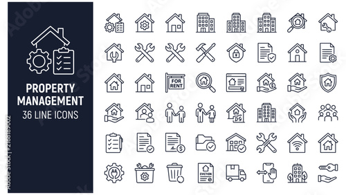 Property management icon set. Collection of real estate administration, tenant leasing, landlord rental, asset security and building maintenance line icon vector illustration with editable stroke.
