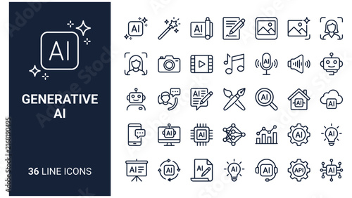 Generative AI Line Icon Set. Collection of Artificial Intelligence, generate, prompt, technology, model, interface, create, sparkle, magic, chat, image, Outline, Editable Stroke, Vector illustration.
