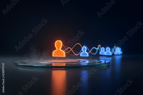 Abstract digital visualization of human resource networking with a glowing orange leader icon and blue team members connected by flowing data lines on a dark stage.