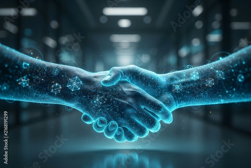 A high-tech digital handshake glowing with blue light and complex data structures, representing advanced artificial intelligence, cyber security, and modern industry.