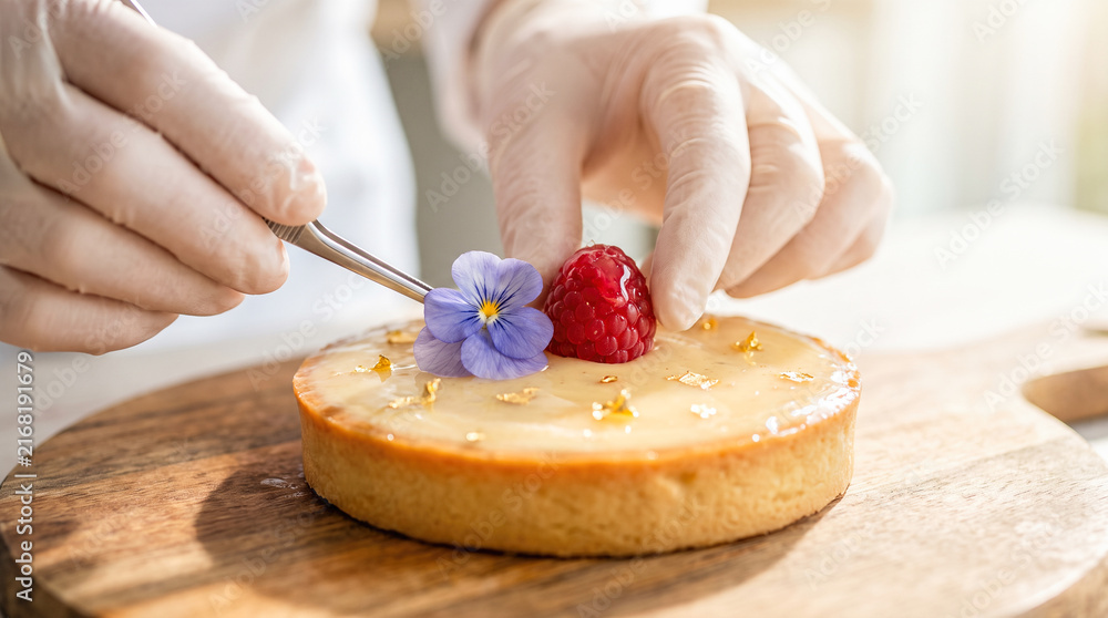 Fototapeta premium Professional pastry chef wearing sterile gloves using metal tweezers carefully placing purple edible flower upon glazed fruit tart dessert presentation