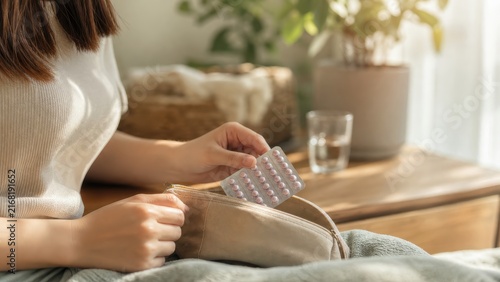 Woman organizing daily medication blister pack into travel pouch at home