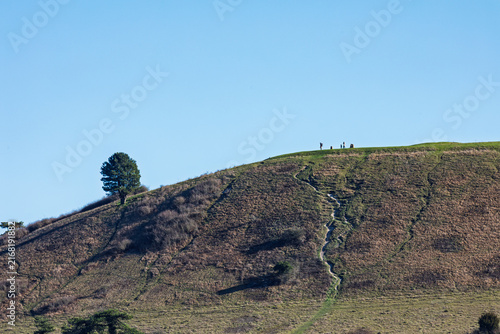 Bild auf Leinwand Hikers ascending a steep hill beneath a clear blue sky - Ivinghoe Beacon