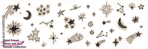 Vintage scrapbook moon and star doodle sticker collection with hand drawn celestial symbols, shooting stars, swirls, and paper scraps