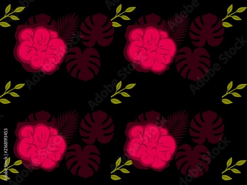 Seamless pattern with dark tropical flowers and monstera leaves on black background