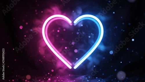 Neon Heart Shape Glowing in Dark Studio With Sparkles and Soft Lighting