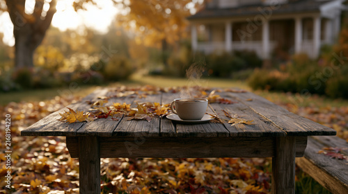 Steaming Coffee Cup on Old Wooden Table with Scattered Autumn Leaves in Backyard