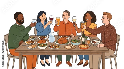 A diverse group of friends enjoying a festive holiday dinner featuring a delicious thanksgiving turkey cartoon style illustration with people toasting and celebrating together happily