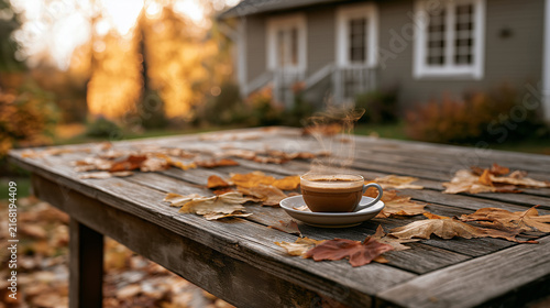Hot Coffee Glass Cup with Steam on Rustic Wooden Table in Autumn Yard
