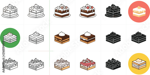 Cake and Dessert Icon Set with Multi Style Line Art Silhouette Flat Color and Isometric Pastry Bakery Vector Graphics for App Interfaces